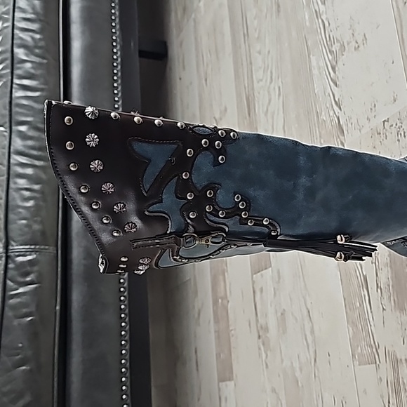 Turquoise Blue & Brown Gold & Silver Studded Knee High Cowgirl Boots w/Tassel. - Picture 6 of 7